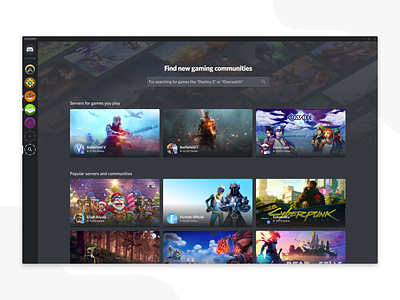 Server Discovery browse cards discover games gaming product design search ui ux