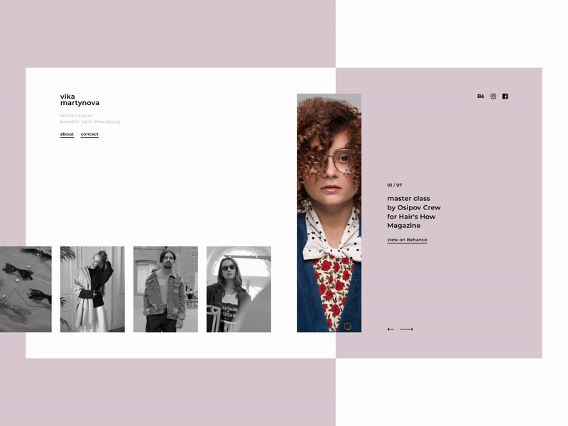 Vika Martynova animation beige colors fashion gif homepage interaction minimal photos purple slider style stylist ui website