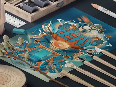 Year of the pig poster design collocation colors design illustration ui ux