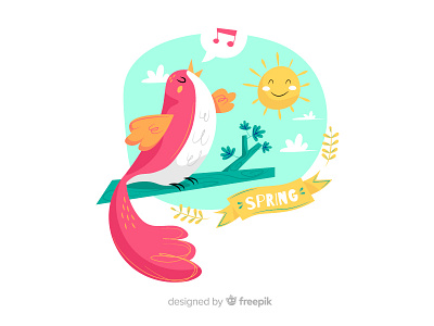 Spring bird branch colorful flat sing songs spring sun vector