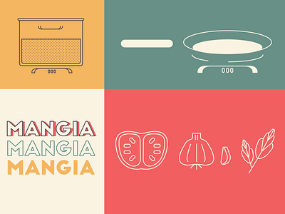 Mangia! basil eatery eating flat design flat 2d geometric garlic italian italian food kitchen mangia pans pots spaghetti tomato