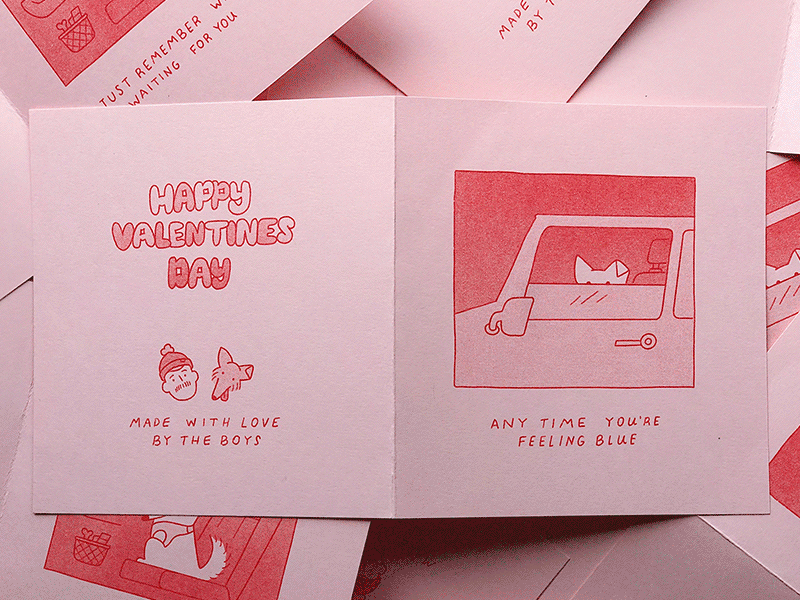 Happy Valentine's Day dog jeep risograph valentines