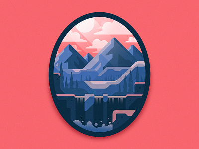 Wilderness Badge badge circle clouds design illustration mountain mountains outdoors outside oval patch trees waterfall wilderness