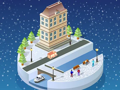 Winter landscape urban isometric city 3d architecture building city isometric isometric design urban vector