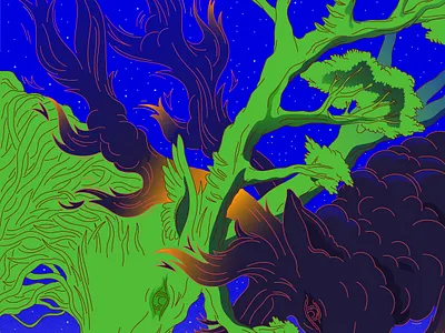 Locking antlers antlers battle bright climatechange colours deer fire illustration illustrator lines nature smoke stars trees vector