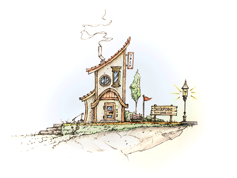 Checkpoint One 1 checkpoint concept game art house illuatration one rest save smoke tree