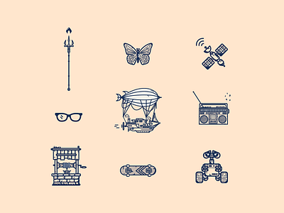 Random Icons # 10 airship aquaman boombox butterfly flat illustration graphic design icon icon artwork illustration minimal satellite skateboard steampunk trident ui vector vintage wall e well