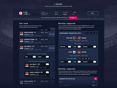 Fantasy Sport Success Page bet betting congratulation congratulations design fantasy football fantasy sports gambling site sketch soccer success ui web