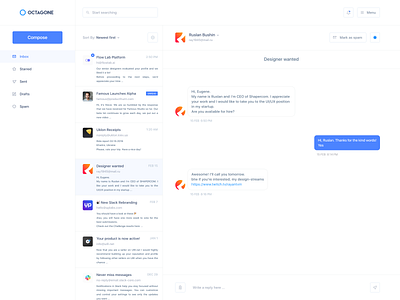Octagone - UI screen chat chat app clear clear design email email app email design messages octagon