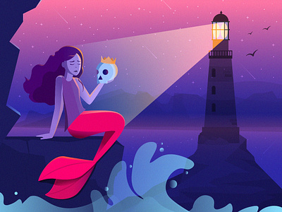 Sad Undine design fable girl illustration lighthouse mermaid sad sea story undine vector