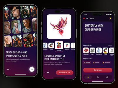 TattooAI- Create tattoo with AI aipowered aitattoodesign appdesign designinspiration digitaldesign tattooai tattooapp tattooideas tattooinspiration tattootech ui uxdesign