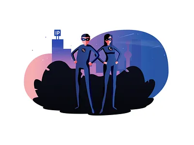 Telecom Heroes city illustration night phone power superhero telecom vector