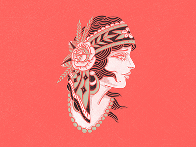 Gypsy character comic flower gypsy halftone head headband procreate traditional tattoo woman