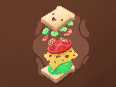 Sandwich art bread cheese cucumber cute face illustration kawaii lettuce meat open pickles potato procreate sandwich smile