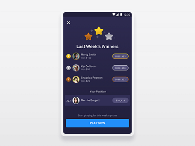 Weekly Winners Screen abstract avatar blue crypto currency dollar game gradient leaderboard league loser mobile people play purple sketch star ui user ux winner