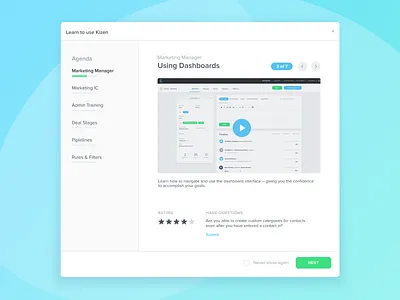 Kizen App - Onboarding cta modal onboarding popup product rating site ui uidesign ux video walkthrough web website widget