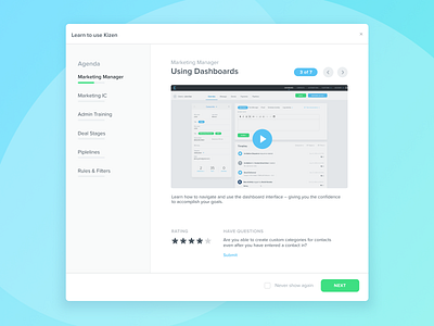 Kizen App - Onboarding cta modal onboarding popup product rating site ui uidesign ux video walkthrough web website widget