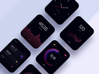 Watch OS activity app chart clean app dark dark background dashboard digital gradient health lights minimal red shadow time ui ux watch watch design watch os