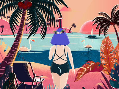 Beach animation beach color debut shot design digital 2d dribbble first shot flamingo illustration mobile animation morning sea vector wave