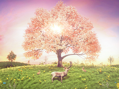 Tree and deer 2019 3d beautiful butterfly c4d charming china deer flower grass grassland rabbit sun sunlight theintro tree