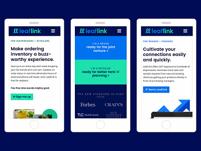 LeafLink website mobile views cannabis copywriting design fintech mobile first ui ux web website