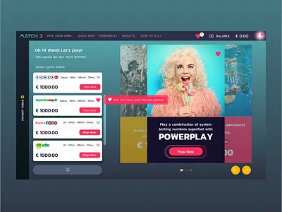 Match3 Landing Page Concept Loren Carter card design design gaming logo lottery user interface
