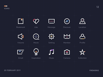 Fireworks Icons bookmark discover email email app icon inspiration like line location member message profile volume