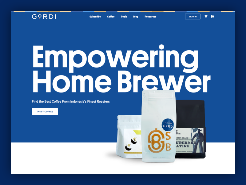 Coffee Roaster - Brewers and Subscriptions app blue coffee design font hero interface landing minimal packages type typography ui ux web web design webdesign website