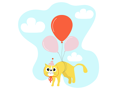 Birthday Cat 2d balloons birthday cat cat illustration character clouds cute cute animal happy birthday illustration illustrator sky