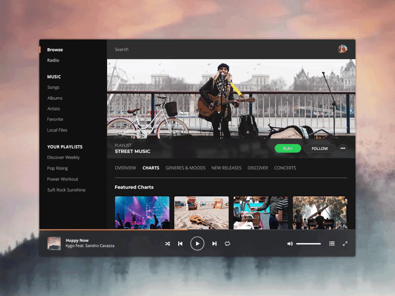Interaction Music Player after effects animation artists charts cover discover gif interface motion motiongraphics music music album music app music player play player playlist radio ui ux
