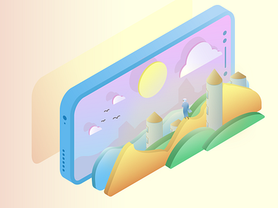 Izometric town 2d art cloud desert design graphic design green hello dribble house illustration izo izometric izometry man person phone sea sun sun rays town woman