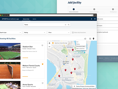 Epam Reservations - Facilities page cards design drop down menu filter header map material design rating results search search results sorting sports stepper ui ui design user interface ux web design website