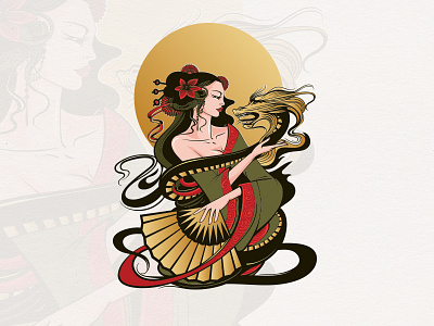 Geisha character dragon geisha girl illustration japanese tea