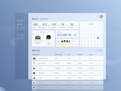 Sales report admin app blue business calendar concept crm customer data furniture list list ui management minimal orders panel report shop slaes uidesign