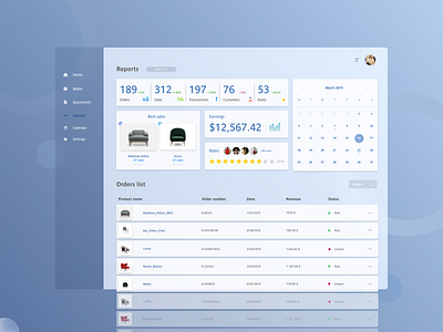 Sales report admin app blue business calendar concept crm customer data furniture list list ui management minimal orders panel report shop slaes uidesign