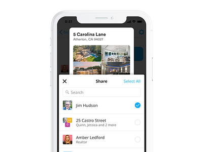 Share to Chat Popover app card chat design interaction interface ios iphone mobile product real estate share ui ux