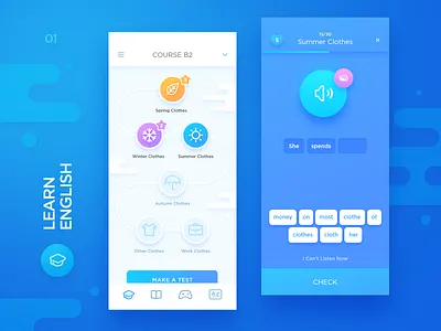 Learn English app blue clean colorful course courses design education exercises game gradient icon interface ios iphone x purple ui ux words xd