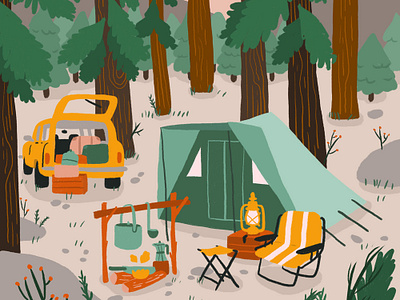 Happy Camper camp camp fire camper camping car forest nature tent tree