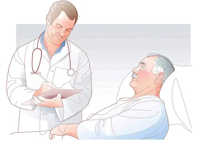 Doctor with patient in hospital bed illustration