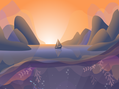 Land vs Water boat illustration lake landscape mountains