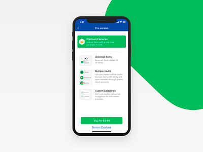 In App Purchase Screen app design custom categories features illustration in app purchase multiple vaults premium features purchase screen ui unlimited items ux