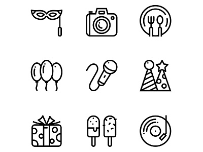 Birthday, Event, Celebration Icons balloon birth birthday box camera celebrate celebration date enjoy event food fork fun gift hat holiday icons mask microphone music