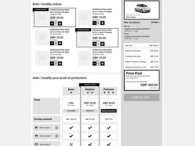 wireframe for extras, protection and tally booking system comparison design desktop e commerce grid construction price product selections tally ux web wireframe