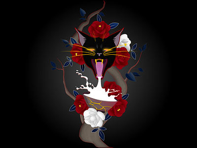 Kinstugi Kitten adobe affinity affinity designer black cat bonsai graphic design happy friday kinstugi milk red flower tsubaki vector vector art white flowers