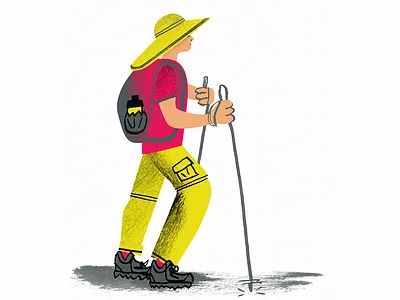 Hiker activity backpack character hat hiking hiking poles pink water bottle yellow