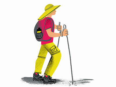 Hiker activity backpack character hat hiking hiking poles pink water bottle yellow