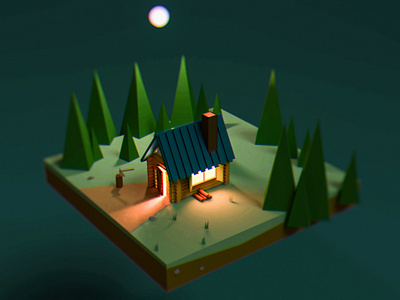 The Cabin 3d 3d modeling blender cabin forest miniature night woods