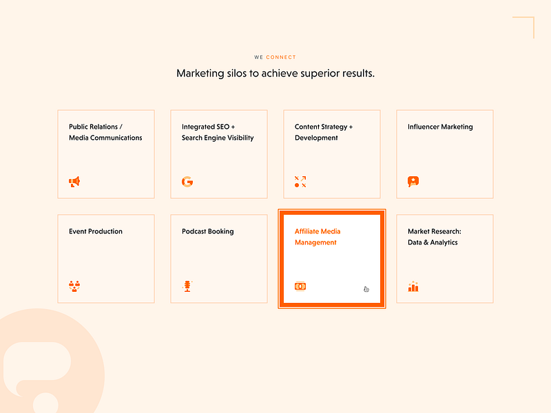 Purple Orange Marketing Site - Services Section UI agency booking branding content data event hover icon influencer market research marketing media podcast production public relations search engine seo strategy vibrant wyoming