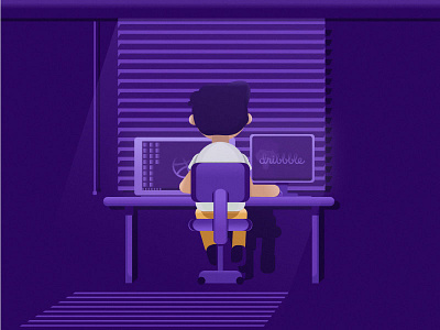 Night alone alone character dribbble flat hard working illustration night process vector working working alone working process