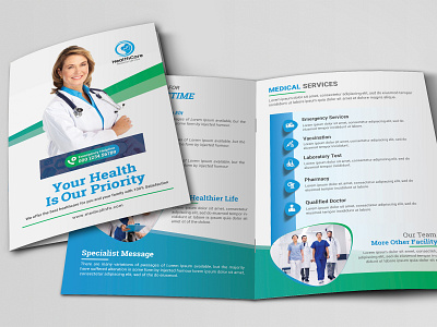 Medical Health Care Bi Fold Brochure brochure care clean clinic dentist health heart hospital medical modern multipurpose neurology orthopedics patient people pharmacy private practice professional qr code surgeon